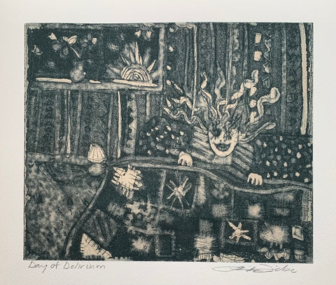An image in tones of grey from light to dark of a woman with curly stringy hair lying in bed under a patchwork quilt. A window is in the upper left quadrant and the sun is shining in. There is a flower on the windowsill. The wall paper is patterned and striped.